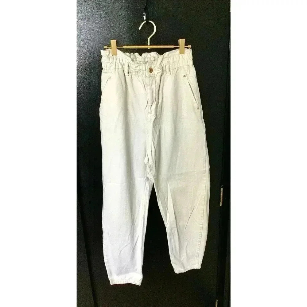Zara Womens Ivory Baggy Fit Paper Bag Carrot Leg Ankle Rigid Jeans Size 6